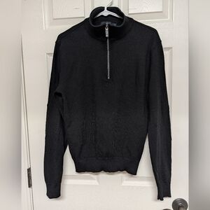 Zegna Sport Mens 1/4 Zip Black Sweater Mock Neck Elbow Patch Quiet Luxury READ